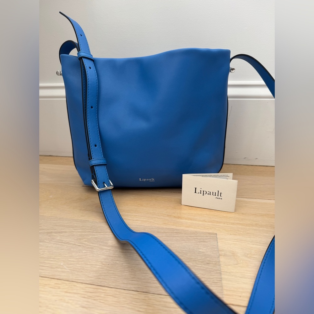 Lipault By The Seine Large Leather Bucket Bag Cobalt Blue Purse Crossbody Tote - Picture 2 of 16
